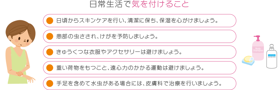 日常生活で気を付けること　日頃からスキンケアを行い、清潔に保ち、保湿を心掛けましょう。患部の虫さされ、けがを予防しましょう。きゅうくつな衣服やアクセサリーは避けましょう。重い荷物をもつこと、遠心力のかかる運動は避けましょう。手足を含めて水虫がある場合には、皮膚科で治療を行いましょう。